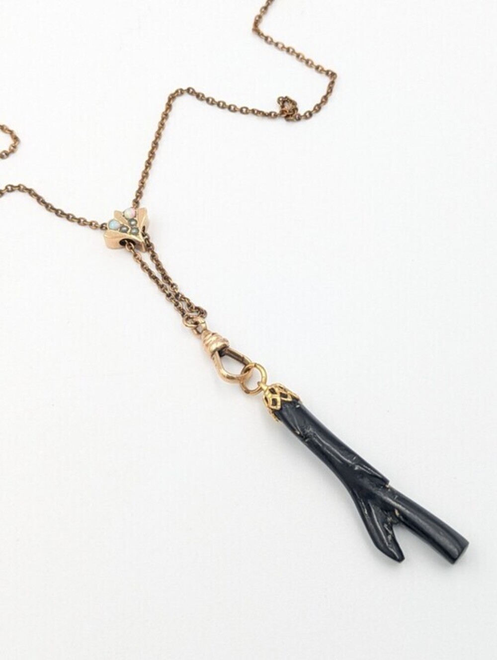 Antique Victorian guard necklace black coral pendant opal seed pearl slide